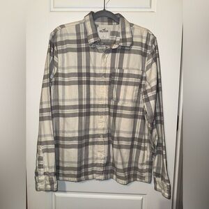 Hollister Men's Plaid Shirt in Gray and Cream